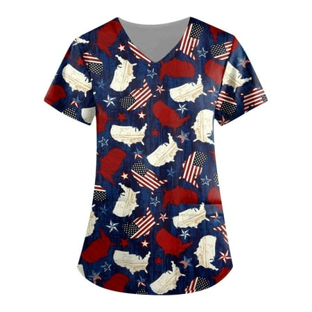 

Professionals Scrubs Top for Women Pockets Casual T Shirt Short Sleeve Working Nursing Scrubs V Neck 4th of July Uniform Wine 5XL