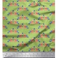 thumbnail image 1 of Soimoi Green Moss Georgette Fabric Check & Fox Folk Art Printed Fabric 1 Yard 42 Inch Wide, 1 of 5