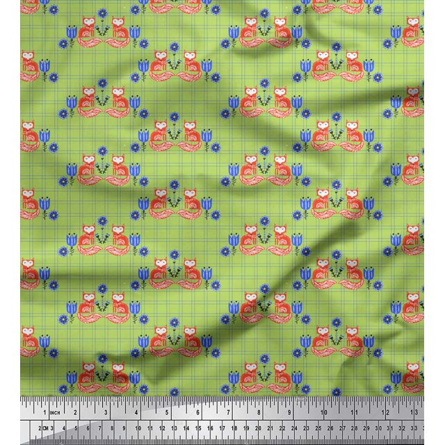 Soimoi Green Moss Georgette Fabric Check & Fox Folk Art Printed Fabric 1 Yard 42 Inch Wide