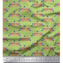 Soimoi Green Japan Crepe Satin Fabric Check & Fox Folk Art Print Sewing Fabric Yard 42 Inch Wide