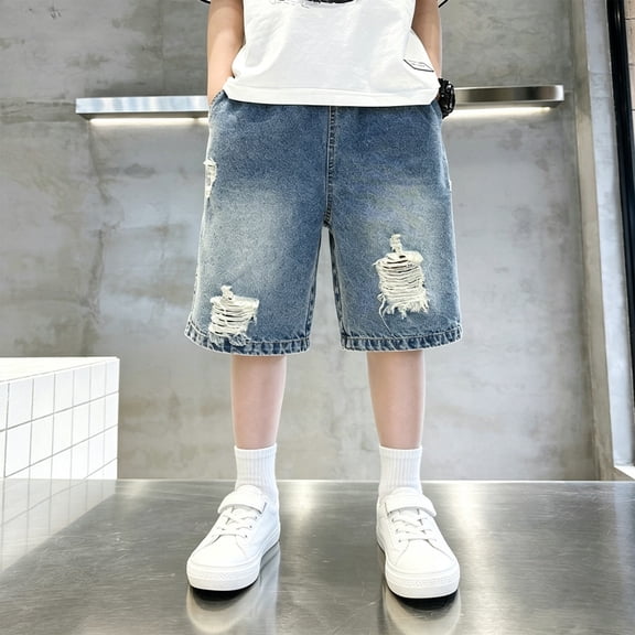 UACY Ripped Jean Shorts for Boys Casual Summer Kids Clothes Jorts Straight Leg Loose Athletic Shorty with Pockets Y2K Streetwear (Blue, 7-8 Years)