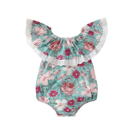 

Calsunbaby Newborn Infant Baby Girl Summer Jumpsuit Flower Print Sleeveless Ruffled Lace Trim One-Piece Romper 3-6 Months