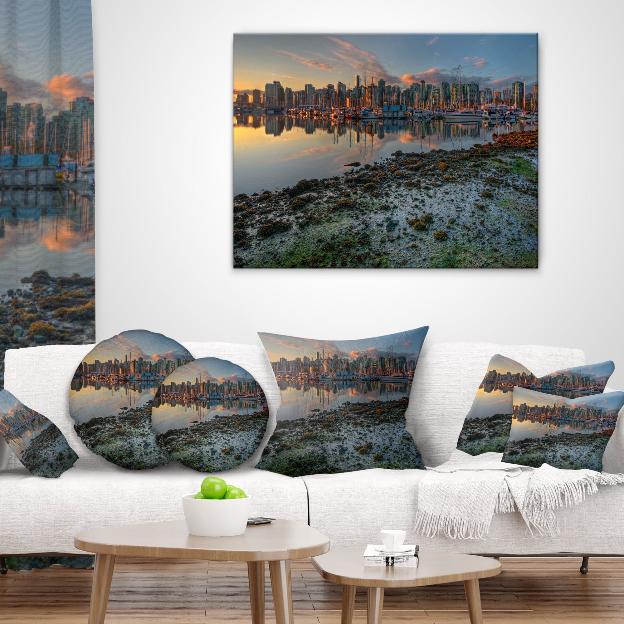 Designart Beautiful Sunrise at Vancouver Downtown - Seashore Throw Pillow - 12x20