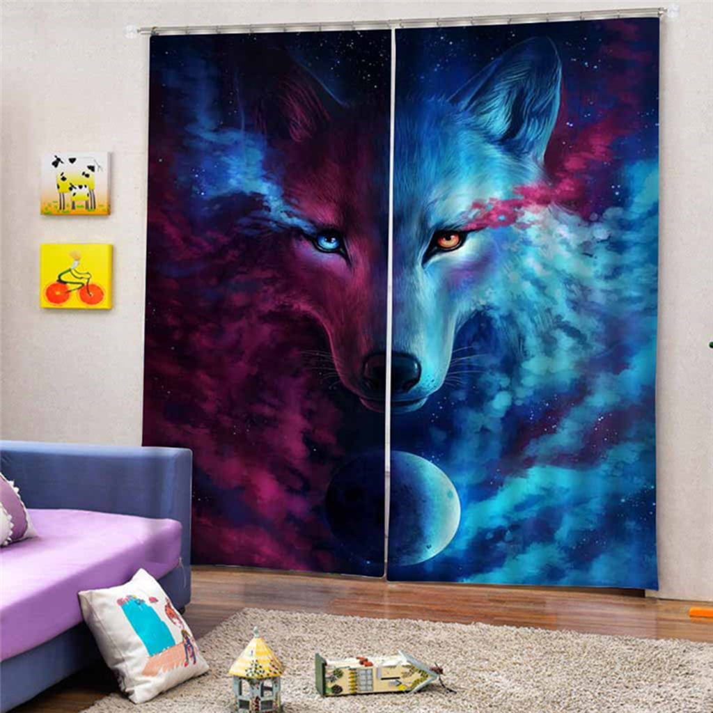 2 Panels Wolf Curtain 3D Effect Animal Window Drapes Fabric for Kids Bedroom 