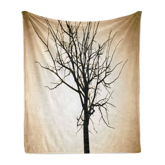 Lonely Tree Soft Flannel Fleece Blanket, Woodland Element Barren Tree Design on Bokeh Style Background Ombre Effect, Cozy Plush for Indoor and Outdoor Use, 50" x 60", Beige and Black, by Ambesonne