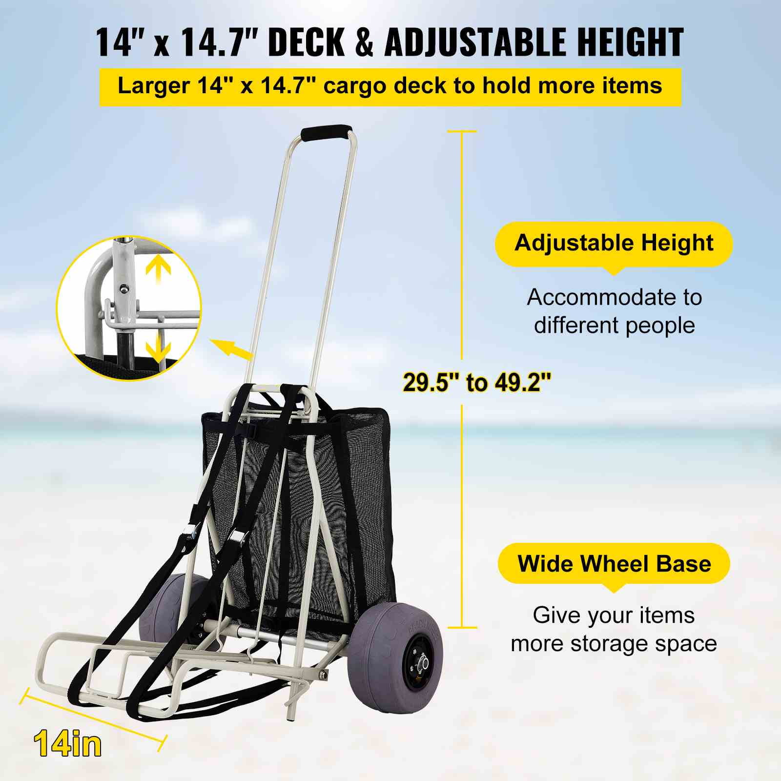Beach Fishing Cart, 13” Big Balloon Wheels w/Flat-Free Solid PU Tires for  Sands, 165LBS Loading Folding Sand Cart & 33.1 to 51.6 Adjustable Height