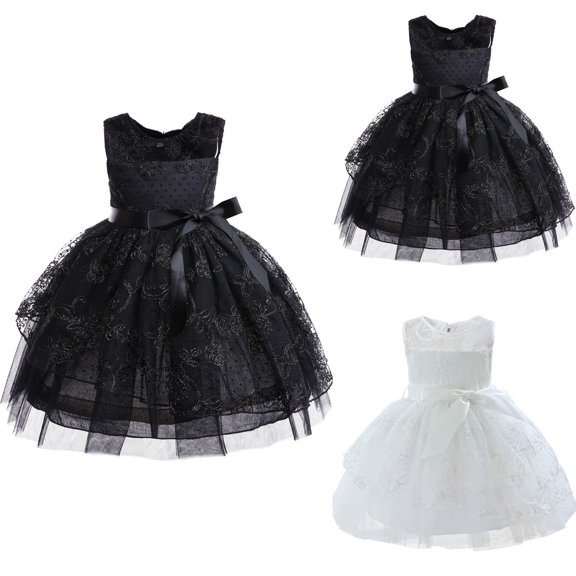 Swuxness Girls Dresses Solid Color Crew Neck Sleeveless Mesh Lace Cutout Princess Formal Gown