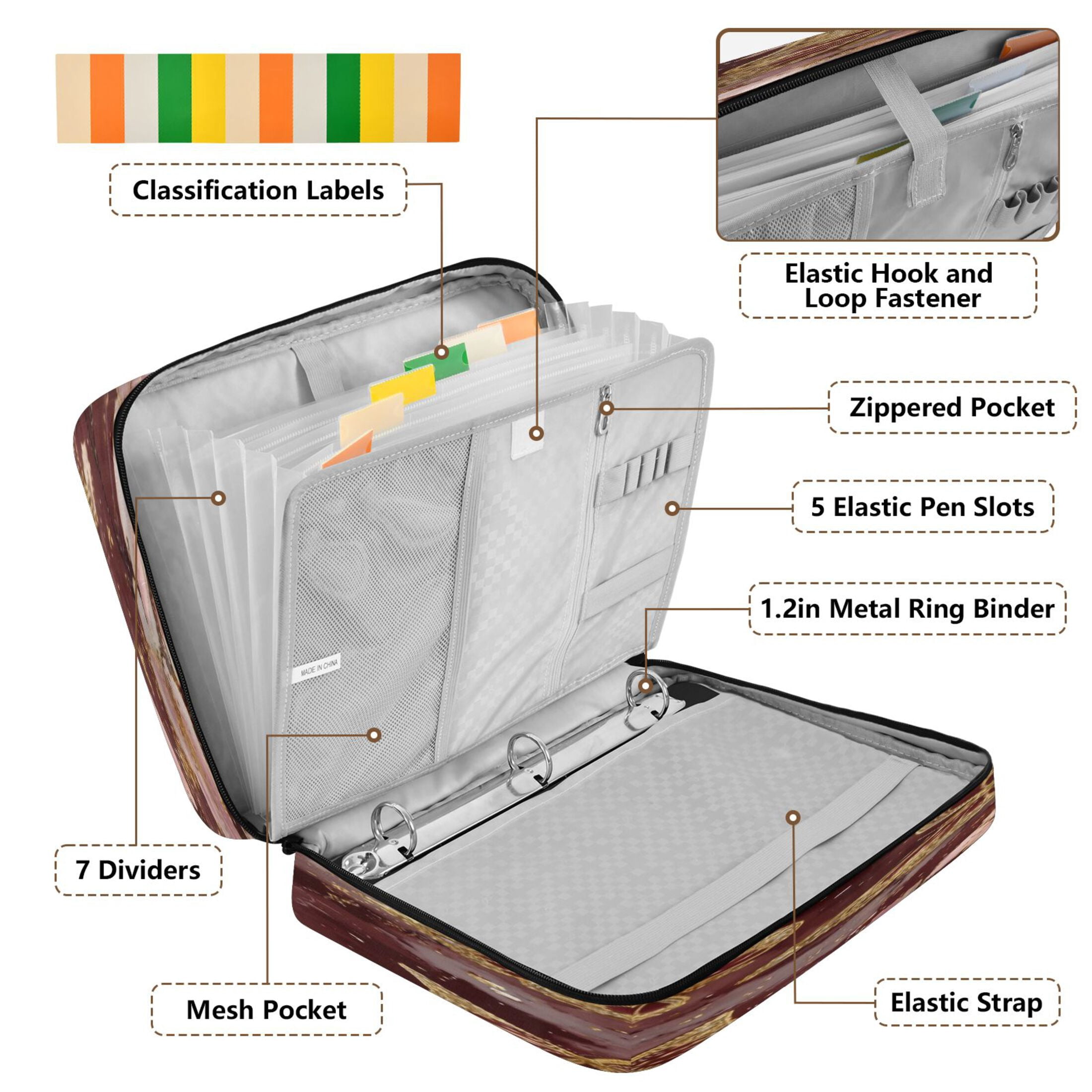 BZSMCE Golden Butterfly Bloom Pattern Water-Resistant Filing Folder Binder Organizer Keeper 1.2 Inch 3-Ring 7-Pocket Expanding File