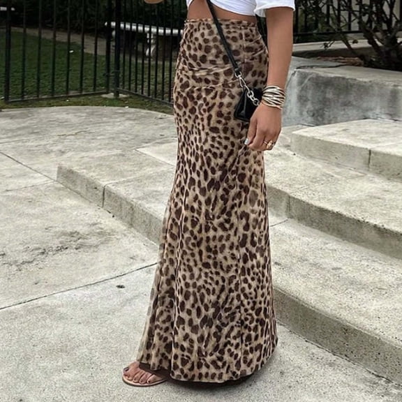 Womens Skirts High Waisted Long Leopard Print Comfortable Stretchy Flowy Midi Spring Summer Fall Brown Skirt L