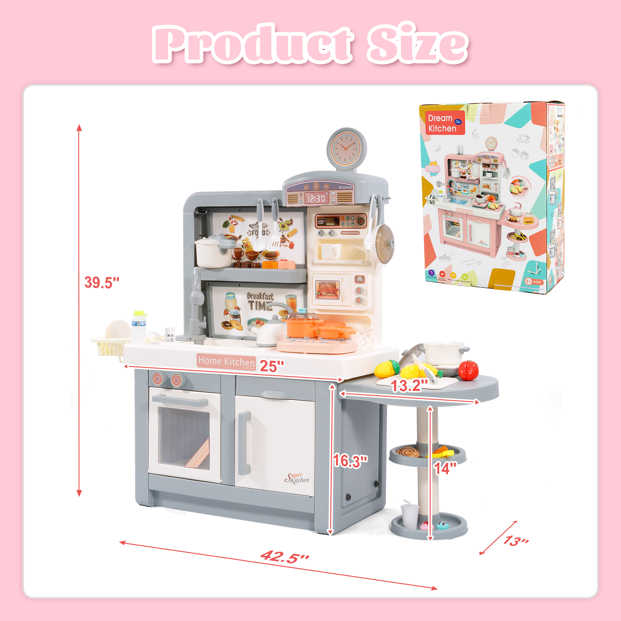 Signature Fitness 49-Piece Toddler Kitchen Playset，Pretend Food，with Stove, Sink, and Accessories, Interactive Lights & Sounds, Ideal for Ages 3+
