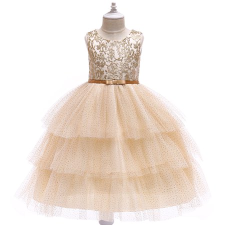 

3-9 T Little Girls Flower Girl Dresses for Wedding Sleeveless 3-layer Cake Princess Dresses for Girls Party Pageant Dresses Gold 7-8 Years