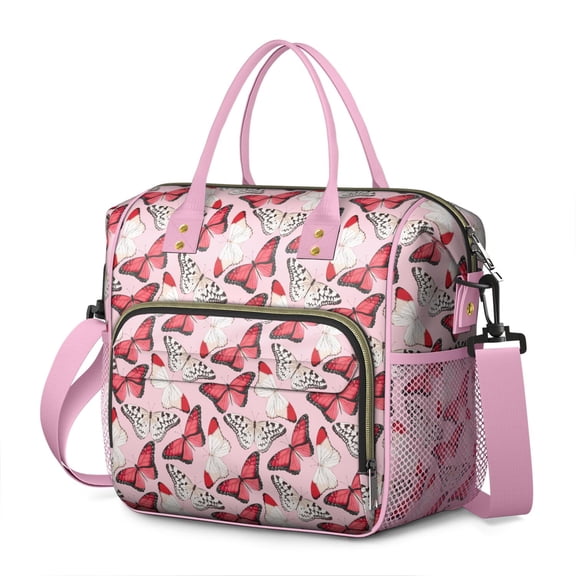 Floral Artistic Lunch Box – Waterproof Insulated Cooler Tote with Cute Butterfly and Tropical Flower Prints, Dual Compartment Lunch Bag for Women, Office, or Travel