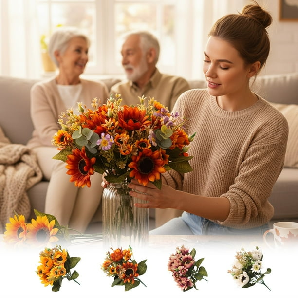 Ramo de flores artificiales de girasol para decoración otoñal para mesa y alféizar