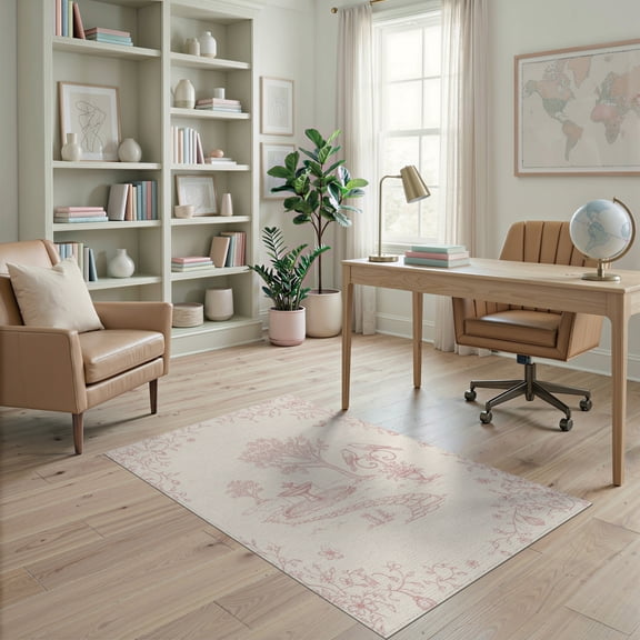 ODIKA 4'x6' Pale Pink Garden Toile Bashful Washable Area Rug Landscape Motif With Birds And Fountains Ornamental for Home Office, Under Desk, Non-Slip Chair-Friendly, Flatwoven