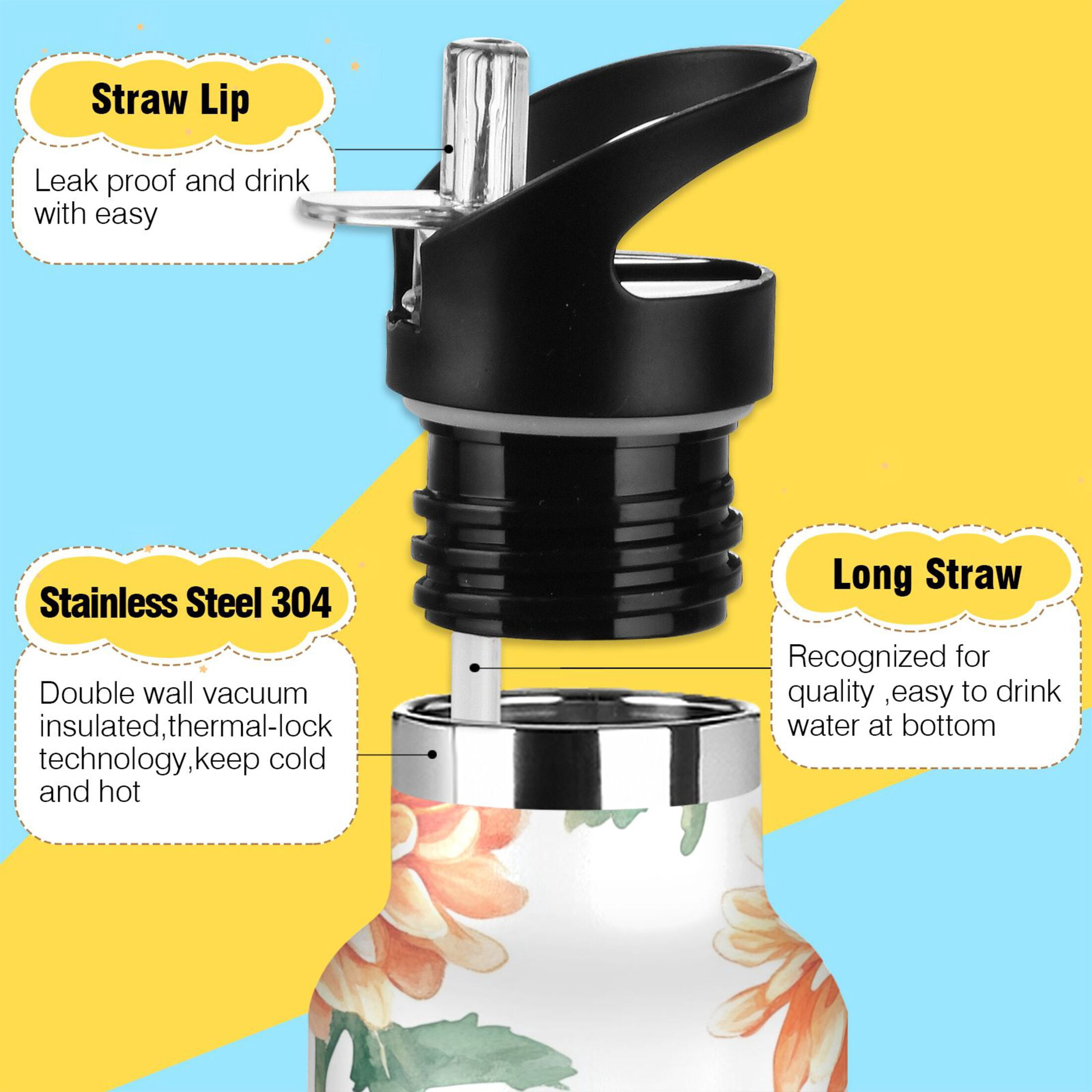 600ML Stainless Steel Insulated Cup Sports Water Bottle Portable Thermos Cup Water Glasses Insulated Tumblers Convenient and Durable Chrysanthemums Orange