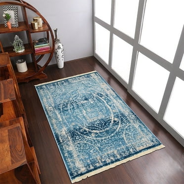 Rugsotic Carpets Machine Woven Crossweave Area Rugs - 2'X3'10'', Rectangle,Blue,Classic Oriental Traditional , Low Pile Machine Made Area Rugs For Living Room, Bed Room (M00078)