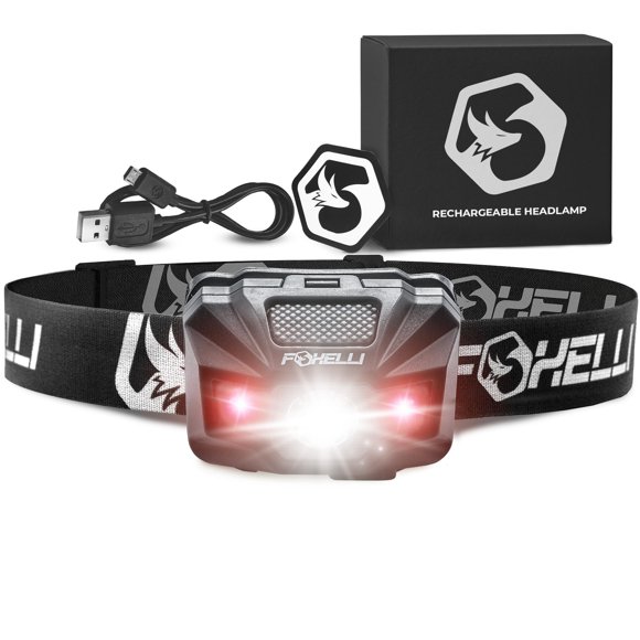 Foxelli Lampe Frontale Rechargeable à LED - Ultralégère, Étanche et Rechargeable par USB avec Lumière Rouge pour Course, Camping, Randonnée et Extérieur