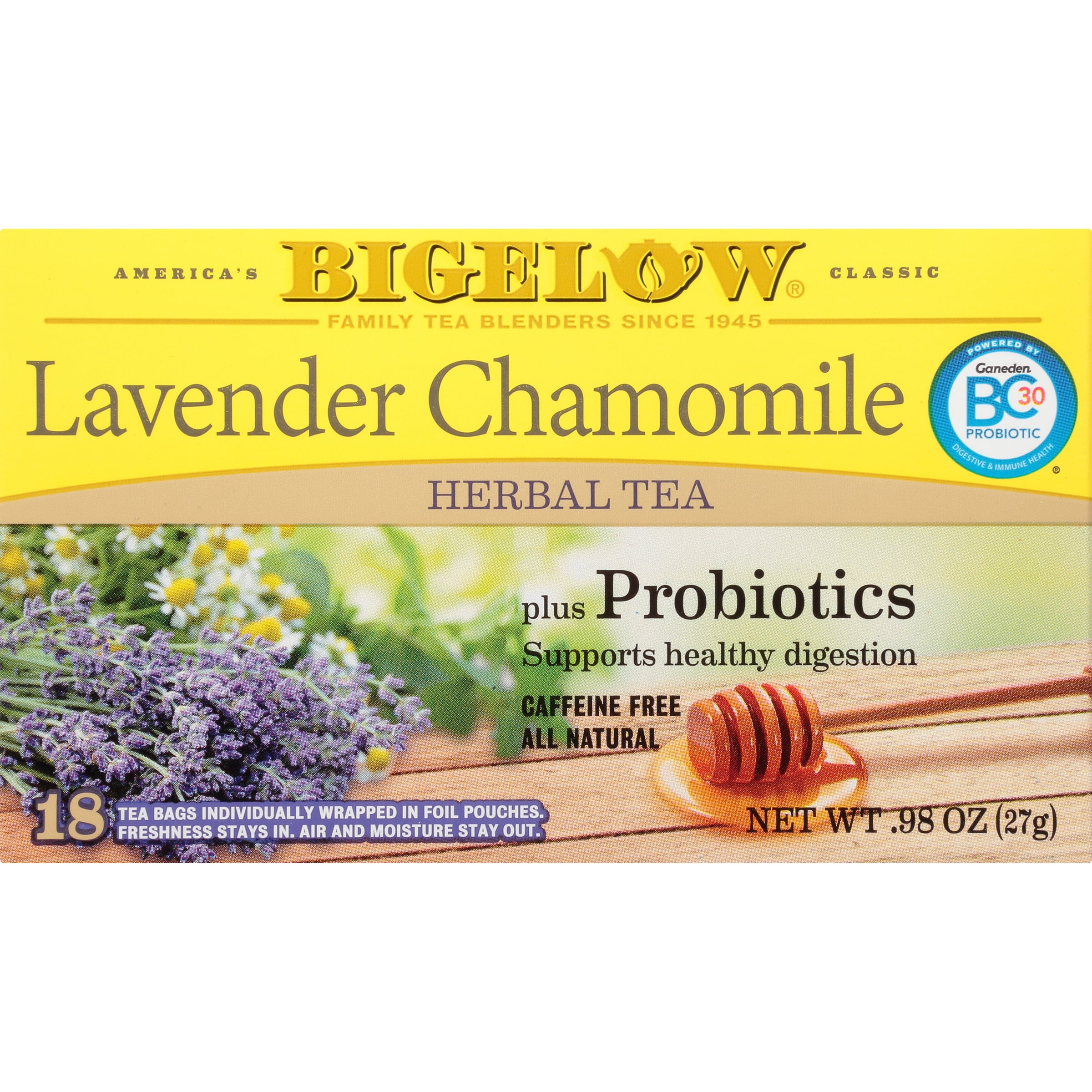 Bigelow, Lavender Chamomile Plus Probiotics, Caffeine-Free Herbal Tea Bags, 18 Count