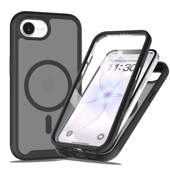 ShellTech Magnetic Case for iPhone 17e / iPhone 16e,Shockproof TPU PC Case Built-in Screen Protector Compatible with Mag Safe Full Body Protection Matte Translucent Back Cover,Black