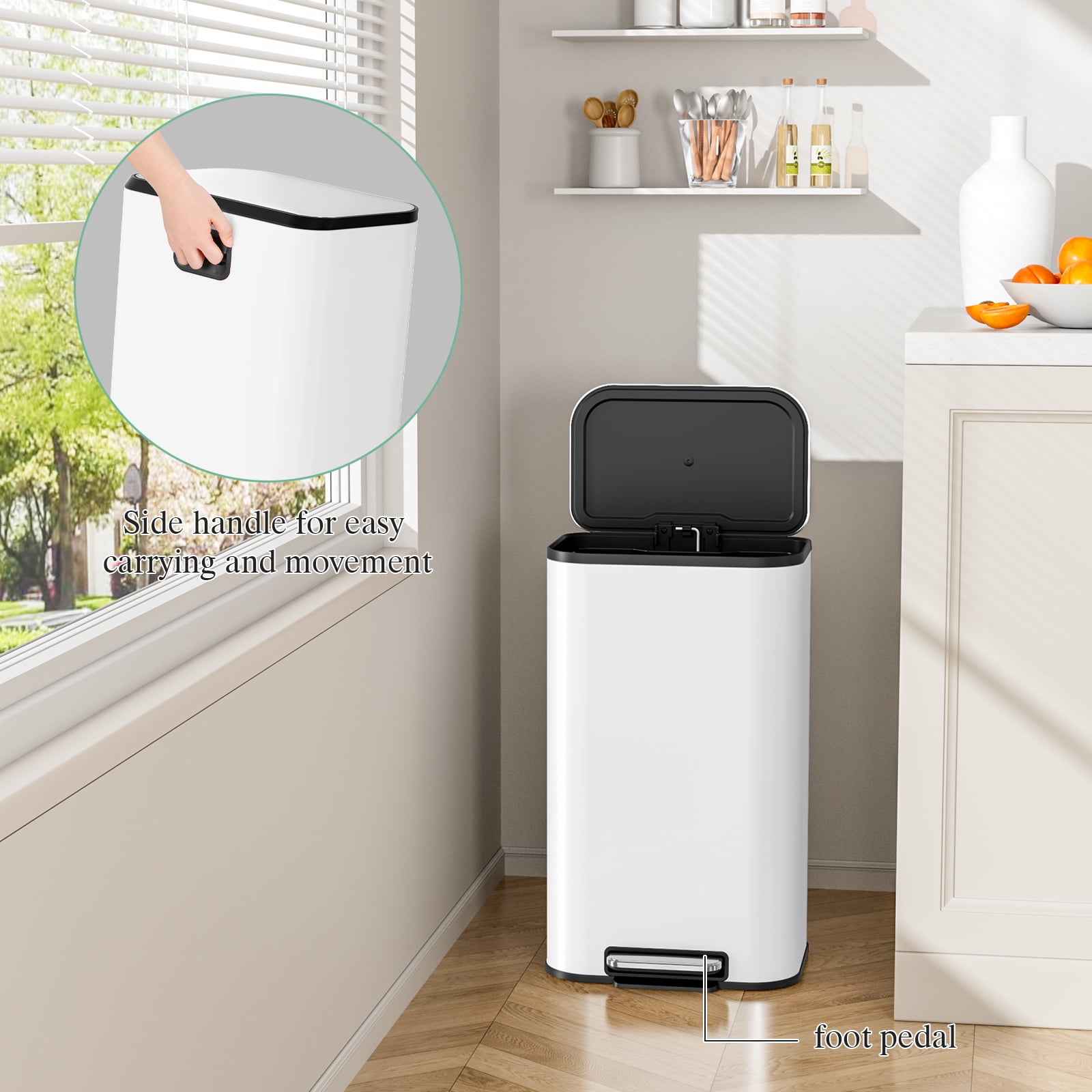 TLSUNNY 13.2 Gallon Kitchen Stainless Steel Trash Can, Square Step Pedal Brushed Garbage Bin w/ Removable Inner Bucket & Handle, for Bathroom