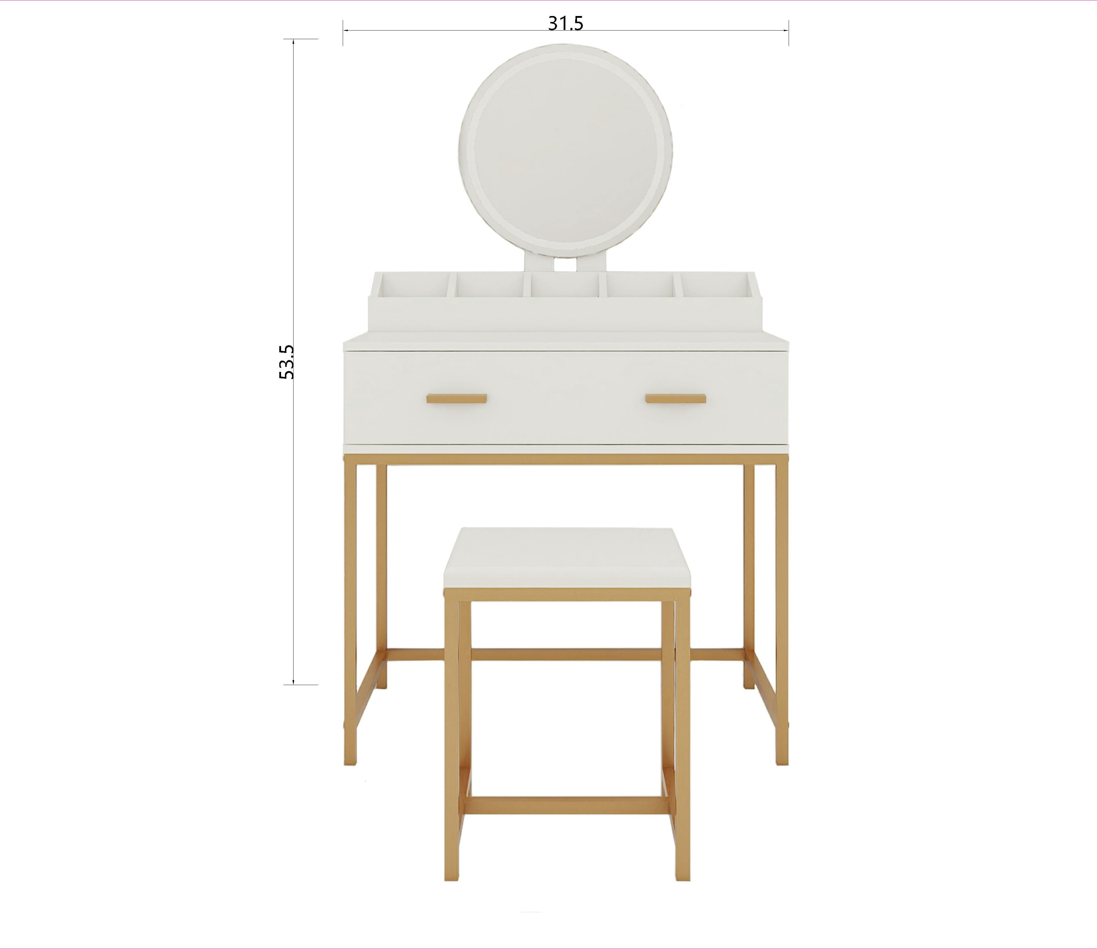 Makeup Vanity Set with Mirror, Stool and Storage Drawers, White and Gold Space-Saving Design for Small Bedrooms, 31.5"x18.5"x53.5"