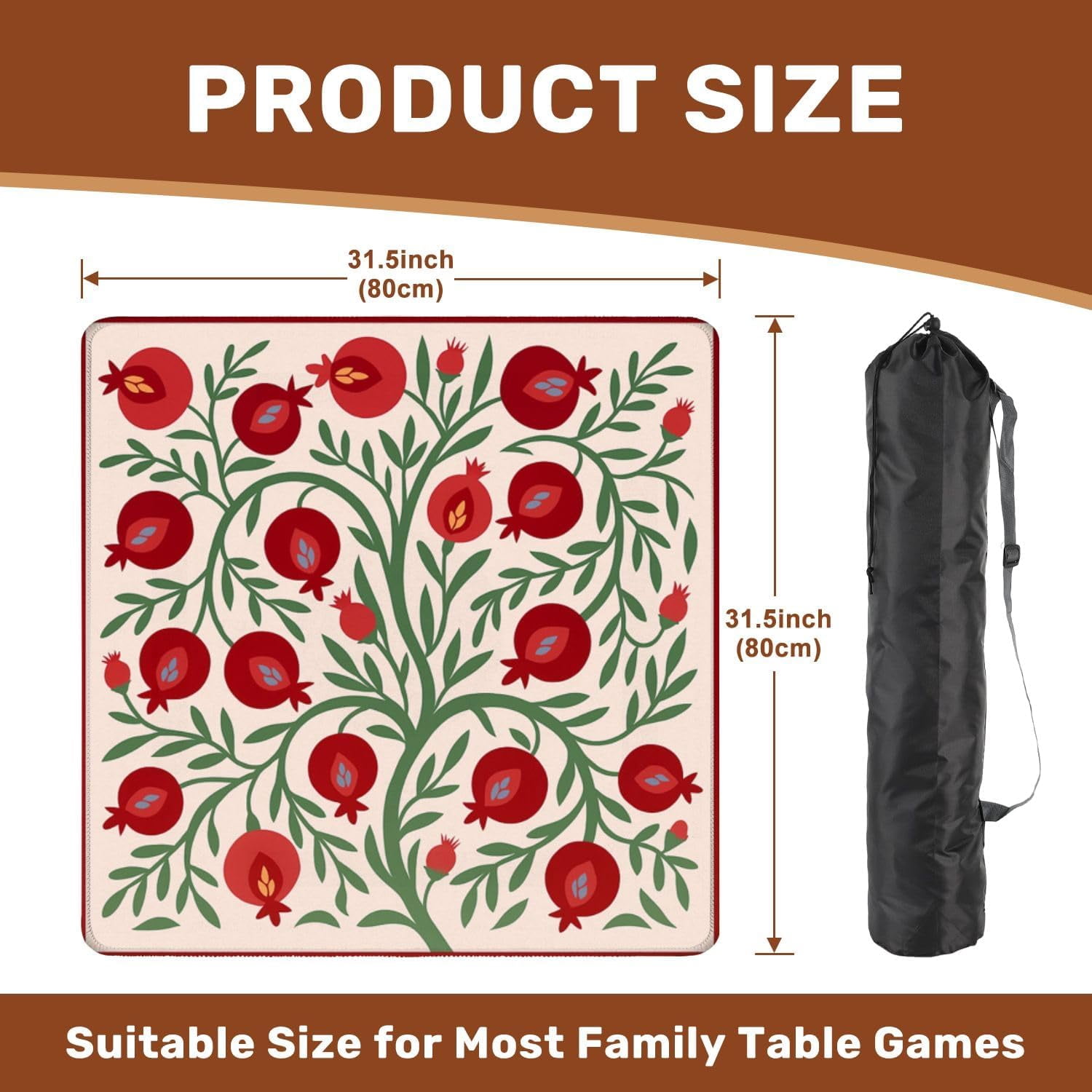 Mahjong Mat with Carrying Bag 31.5" x 31.5" Non-Slip Noise Reduction Pomegranate Tree Folk Art Red Fruits Green Leaves Light Table Mat for Mahjong Poker Dominoes Card Board Tile Games