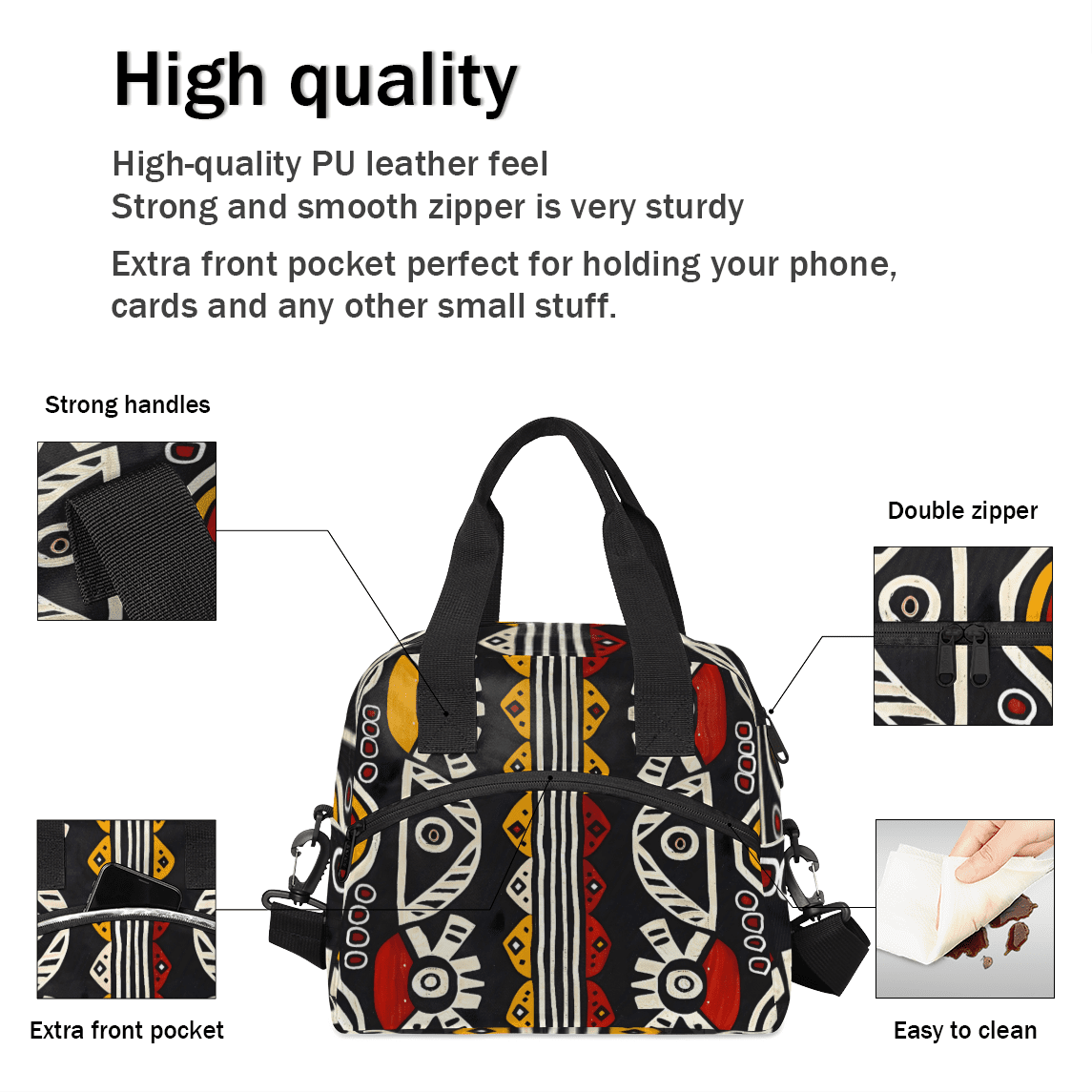 Herdesigns Bohemian Geometric Stripes Insulated Lunch Bag for Women Men Adults Large Reusable Lunch Box Leakproof Portable Cooler Tote Bags with Adjustable Shoulder Strap