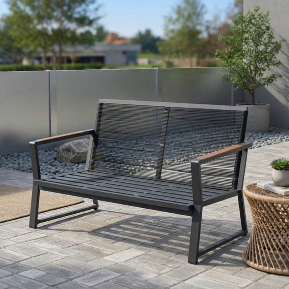Resenkos 4-Piece Dark Grey Aluminum Outdoor Patio Furniture Set with Loveseat, 2 Armchairs, Slatted Coffee Table & Weather-Resistant Cushions