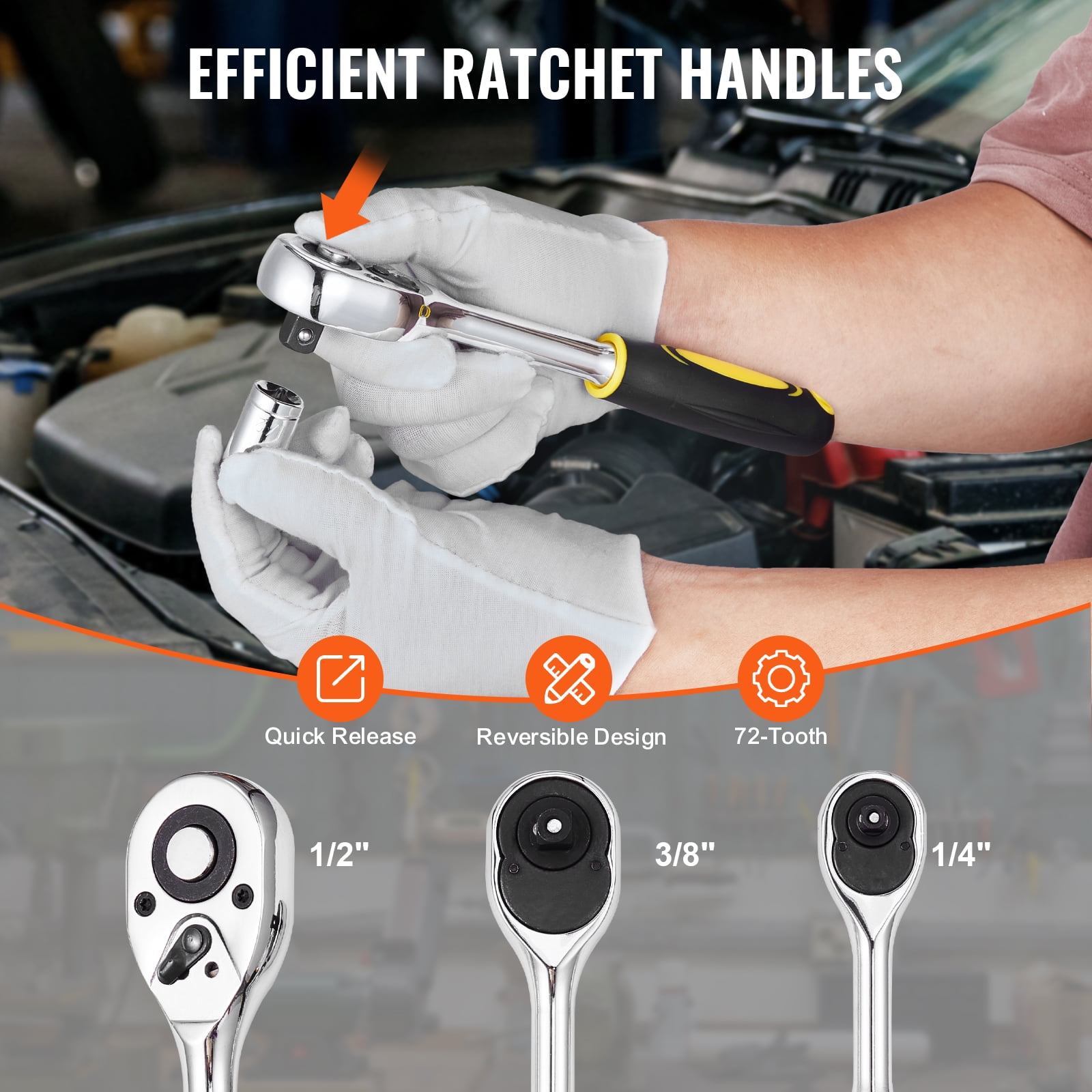 KFFKFF 207-Component Mechanics Tool Set and Socket Set, 1/4" 3/8" 1/2" Drive Sockets, SAE and Metric Mechanic Tool Set with Bits, Spanners, Ratchet Handle, Add-ons, and Hard Plastic Carrying Case