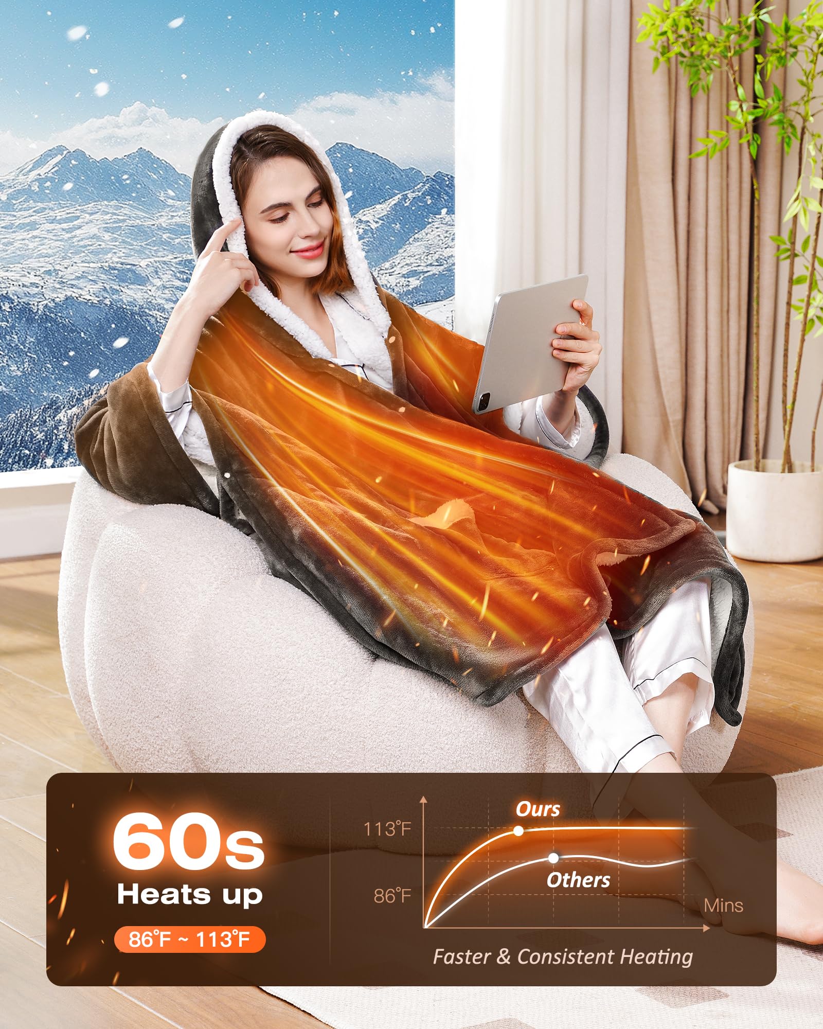 Ocuuziisu Electric Throw Blanket with Pockets and Hood, 50" x 70" Flannel and Sherpa Electric Wrap, 6 Heating Levels, 4-Hour Auto Shut Off, Machine Washable, Grey