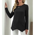 thumbnail image 2 of Camiseta Manga Larga Cuello Redondo Botón Dobladillo Irregular Cómodas Tops Casuales para Mujer Negro M, 2 of 7