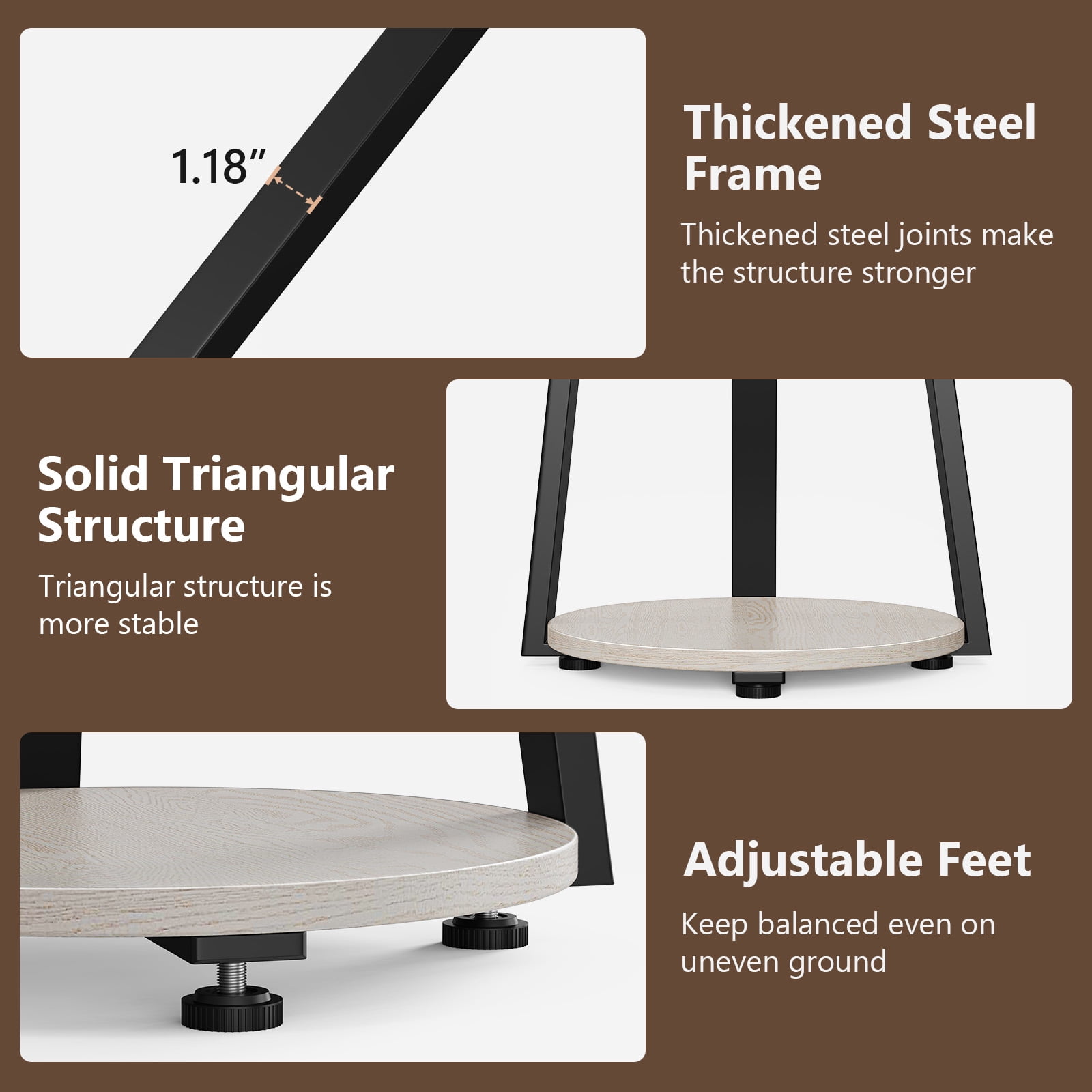 Biemlerfn End Side Table, Round Sofa Table with Metal Frame, 3-Tier Coffee Table Nightstand for Home, White Maple
