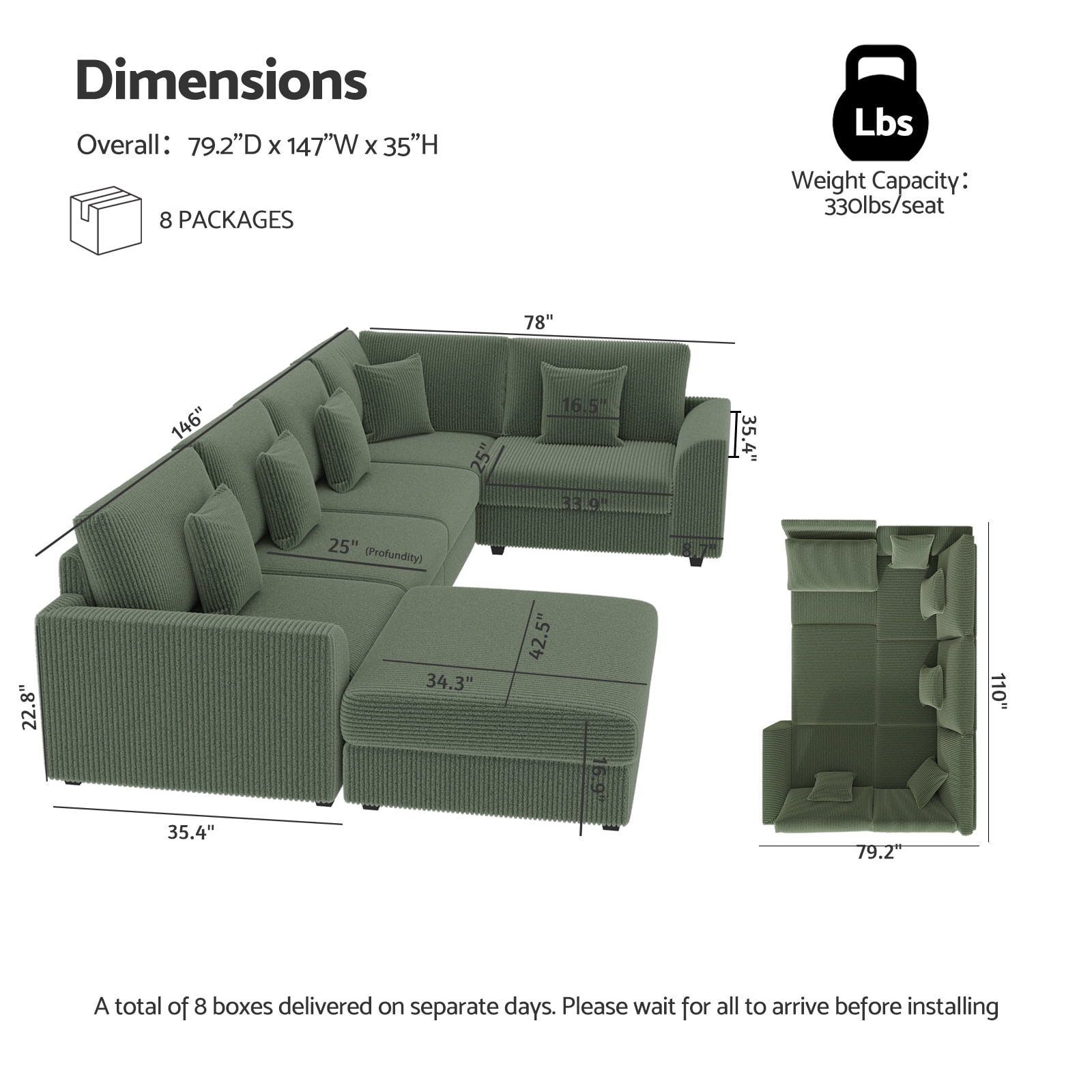 Advwin Oversized Modular Sectional Sofa with Storage Ottoman & 5 Pillows, Modern L-Shaped 6-Seater Corduroy Cloud Couch, Convertible Sleeper Sofa for Living Room, Dark Green