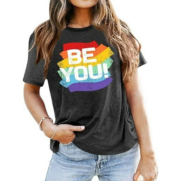 BESTLUCKY Women's Rainbow Pride Graphic Tees Shirt: Letter - Printed, Casual Short Sleeve Tops