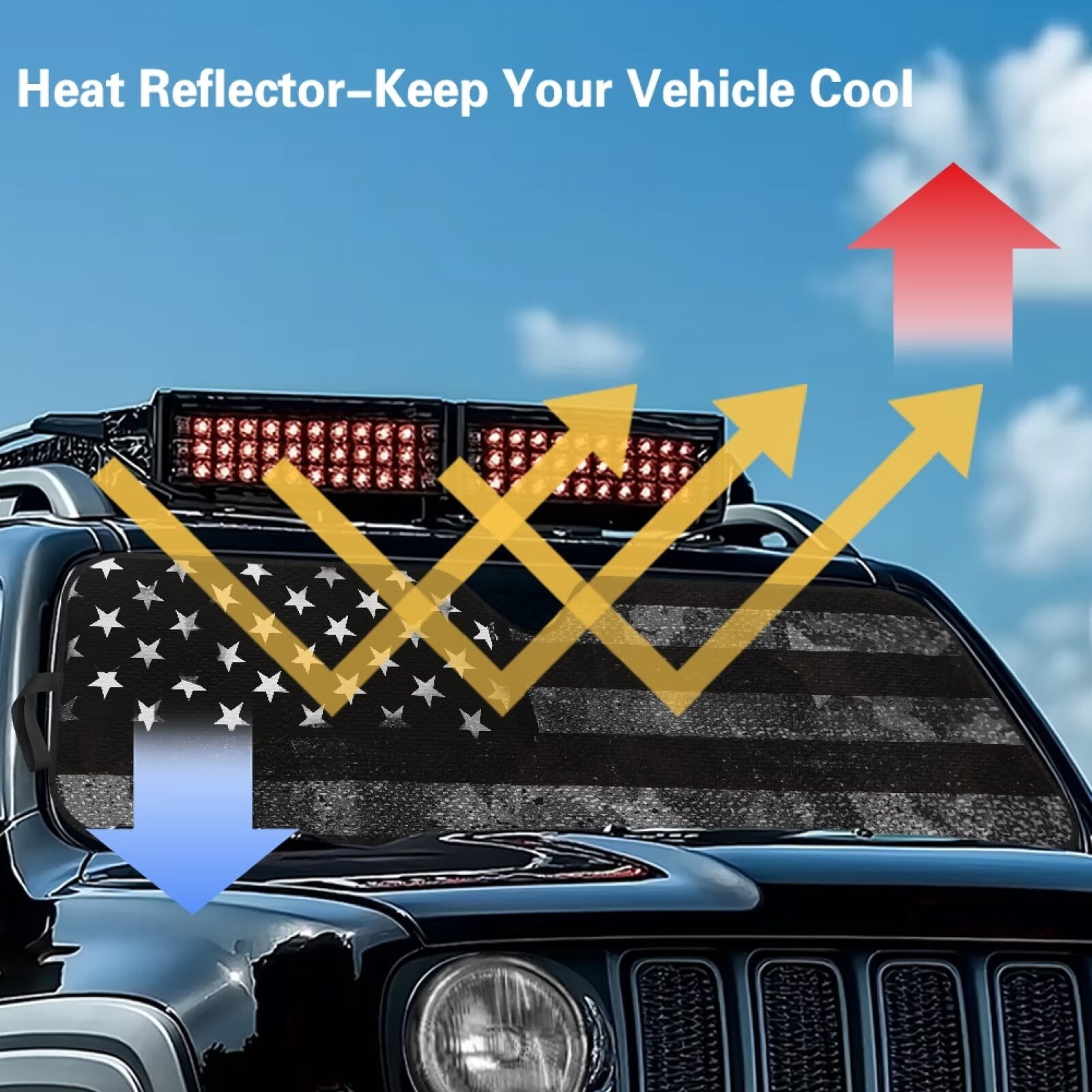 HUIAOCNG Black Flag Foldable Windshield Sun Shades Compatible with Jeep Wrangler Sun Shade fit for Jeep Wrangler JL JLU 2018-2025 / Jeep Gladiator 2020-2025 ,Keep Car Interior Cooler