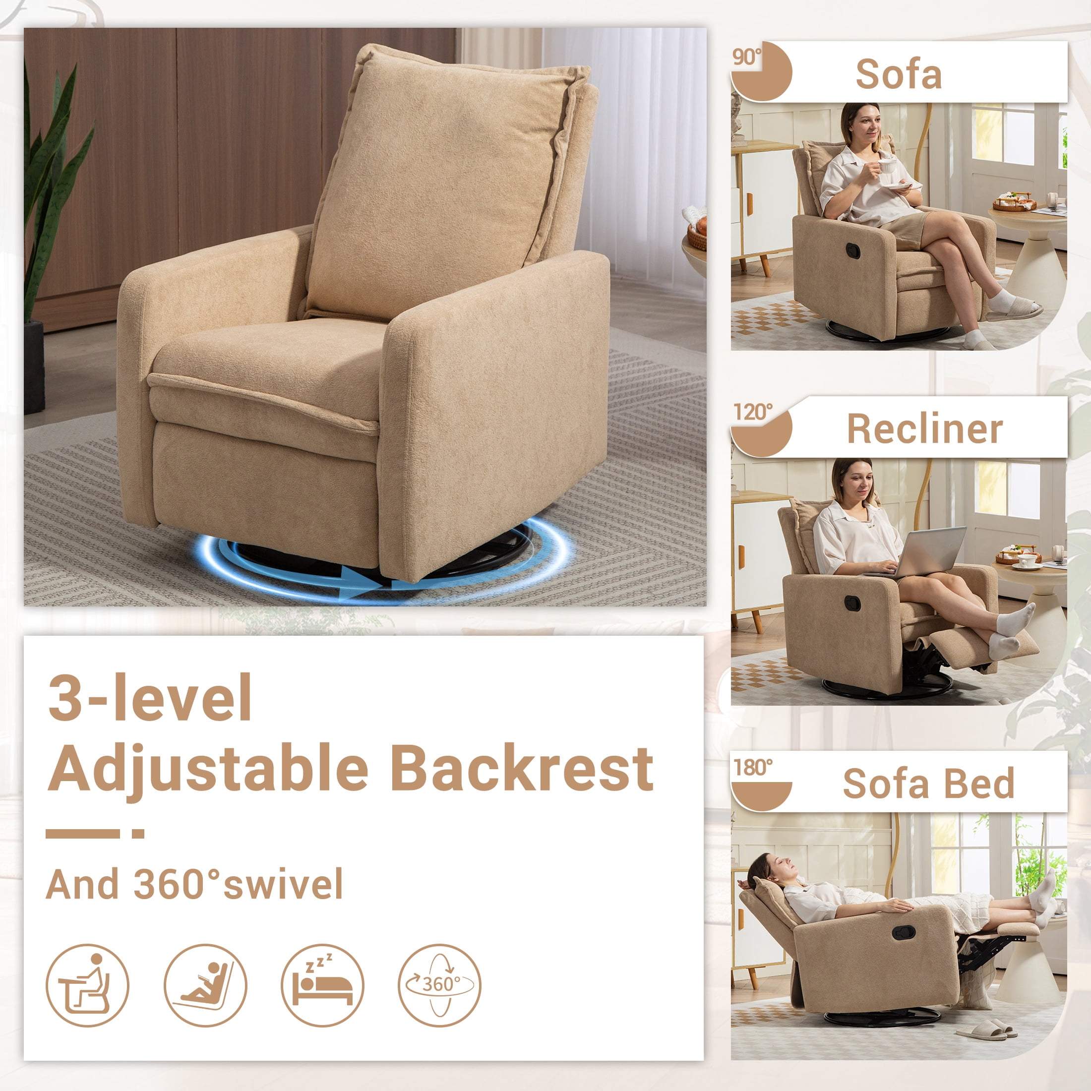 HSUNNS 360° Swivel Rocker Recliner for Adults, Small Rocking Recliner for Small Spaces, Glider Recliner for Nursery, Rocking Chair , Manual Recliner Chair for Living Room, Bedroom, Camel
