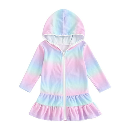 Odeerbi Kids Girls Gradient Swimsuit Cover Up Hooded Bikini Coverups Fashion Zipper Cover Up Dress Long Robe Long Sleeve Beach Skirt Kids Clothes Multicolor