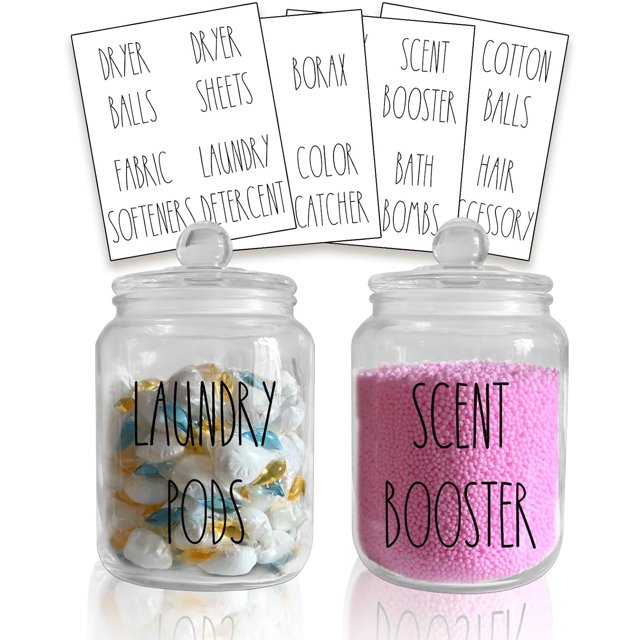 Laundry Room Organization Jars with Labels, Glass Containers for Laundry Detergent Laundry Powder, Farmhouse Laundry Pods Storage Organizers, Laundry Soap Dispenser, Scent Booster Holder (Clear)