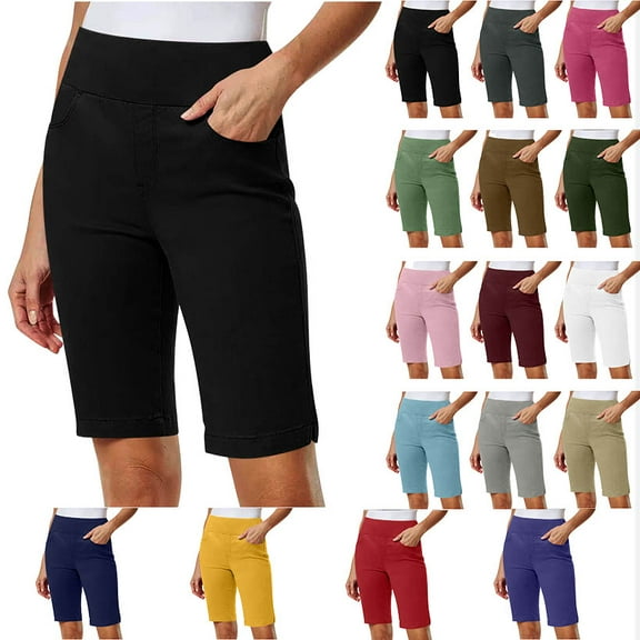 Women Shorts Solid Stretch Pull On Regular Summer Casual High Waist Yoga Half Shorts Pants