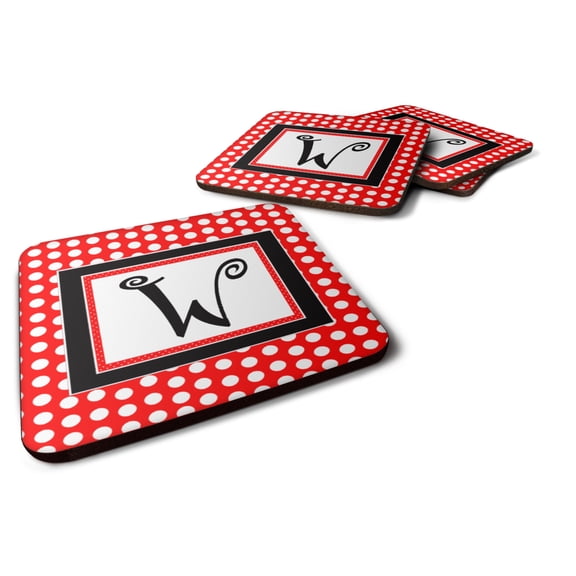 Letter W Initial  - Red Black Polka Dots Foam Coaster Set of 4