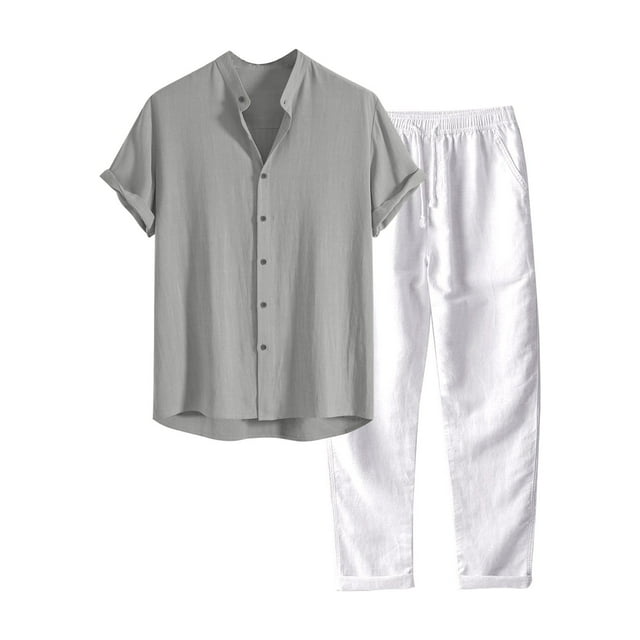 Mens Casual Solid Color Short Sleeve Turndown Collar Top with Long Pant Suit Set for Spring and Summer Seasons