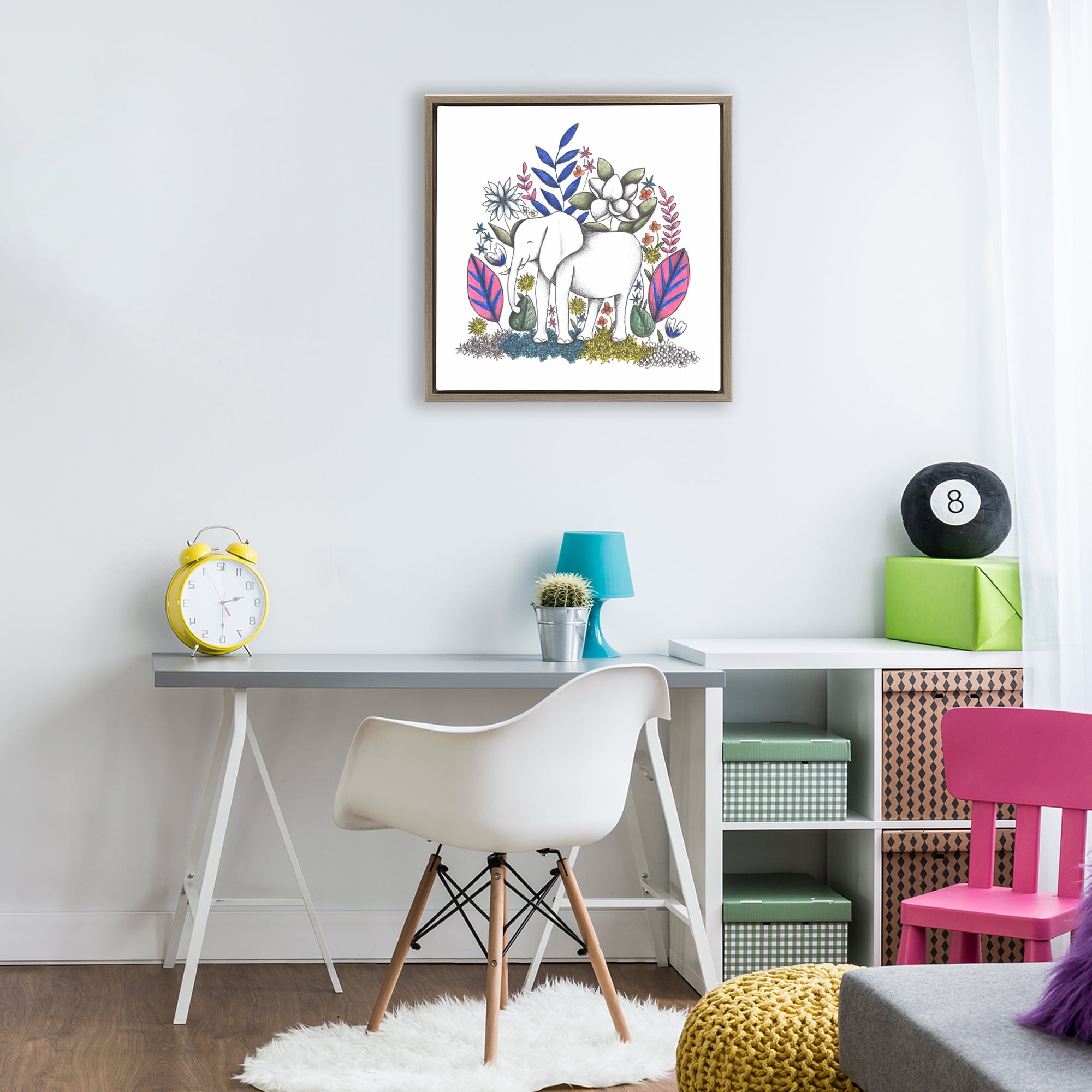 Elephant in Midst of Flowers Brown Framed Floater Canvas Wall Art, design by Cecilia Battaini