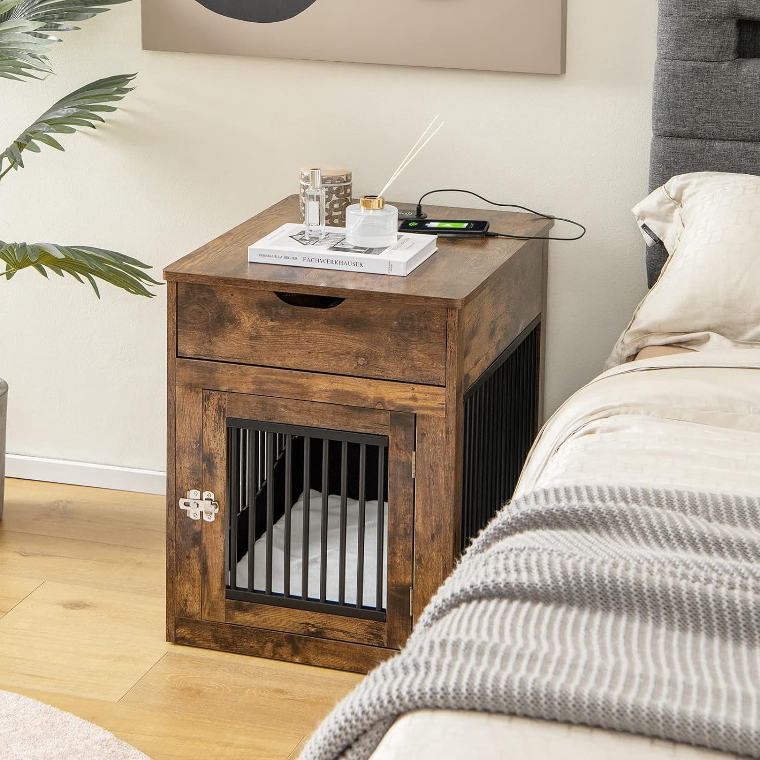 Furniture Style Dog Crate, Decorative Dog Kennel End Table with USB & Wireless Charging Station, Storage Drawer, Indoor Dog House for Small Dogs (Rustic Brown)