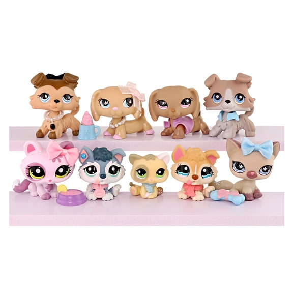 9PCS Mini Pet Figurines Toys Set,with Miniature Accessories,Collie Dachshund Crouching Cat Baby Husky Sitting Cat Kitten