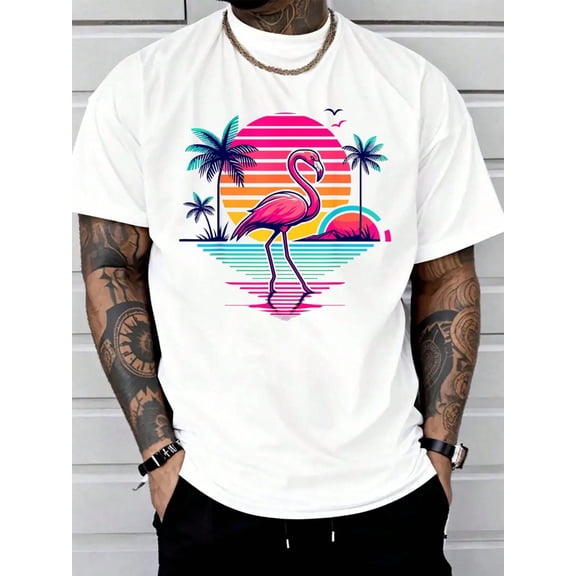 Flamingo Beach Summer Palm Trees Tropical Summer T-Shirt Print T-Shirt Casual Crew Neck Short Sleeve Comfort Tee Top For Spring & Summer Men's Clothing