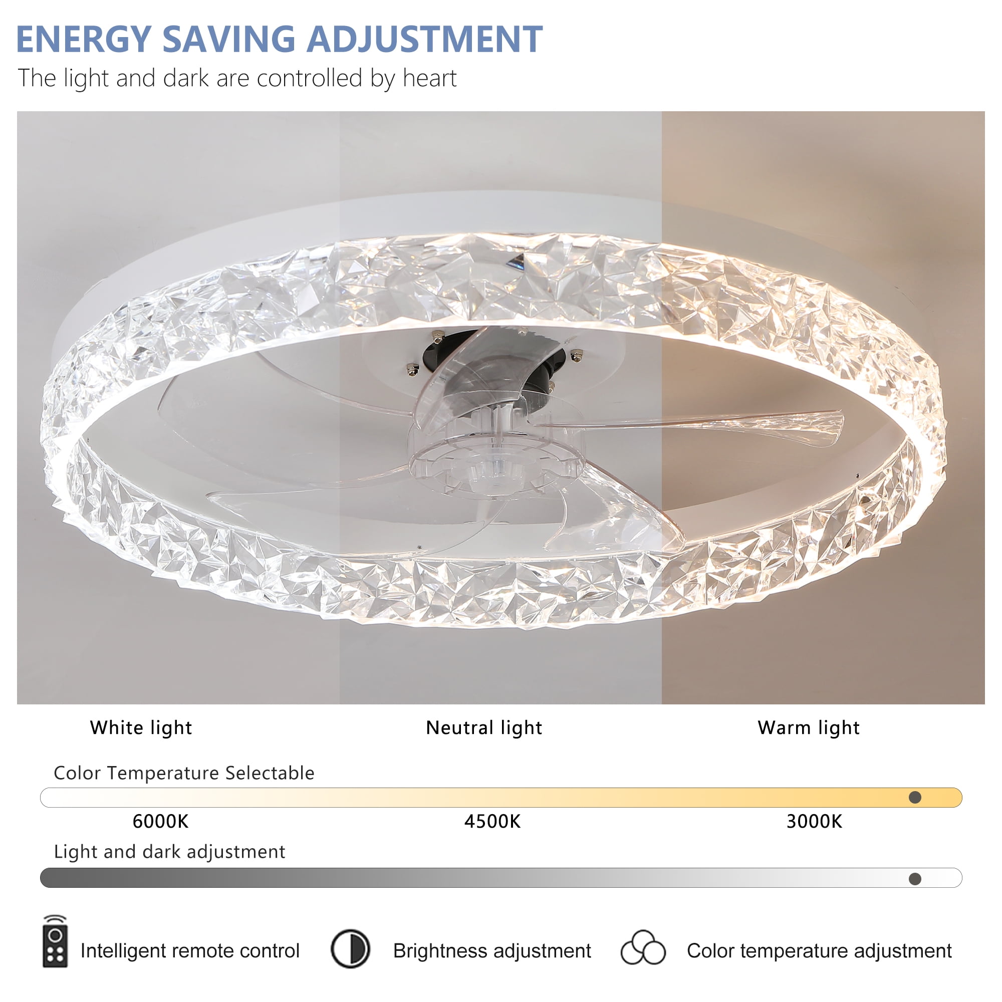 Ceiling Fan Light with Remote Control, Dimmable LED Chandelier, 6-Speed Adjustable, Quiet Motor, Flush Mount Design for Living Room, Bedroom, Dining Room