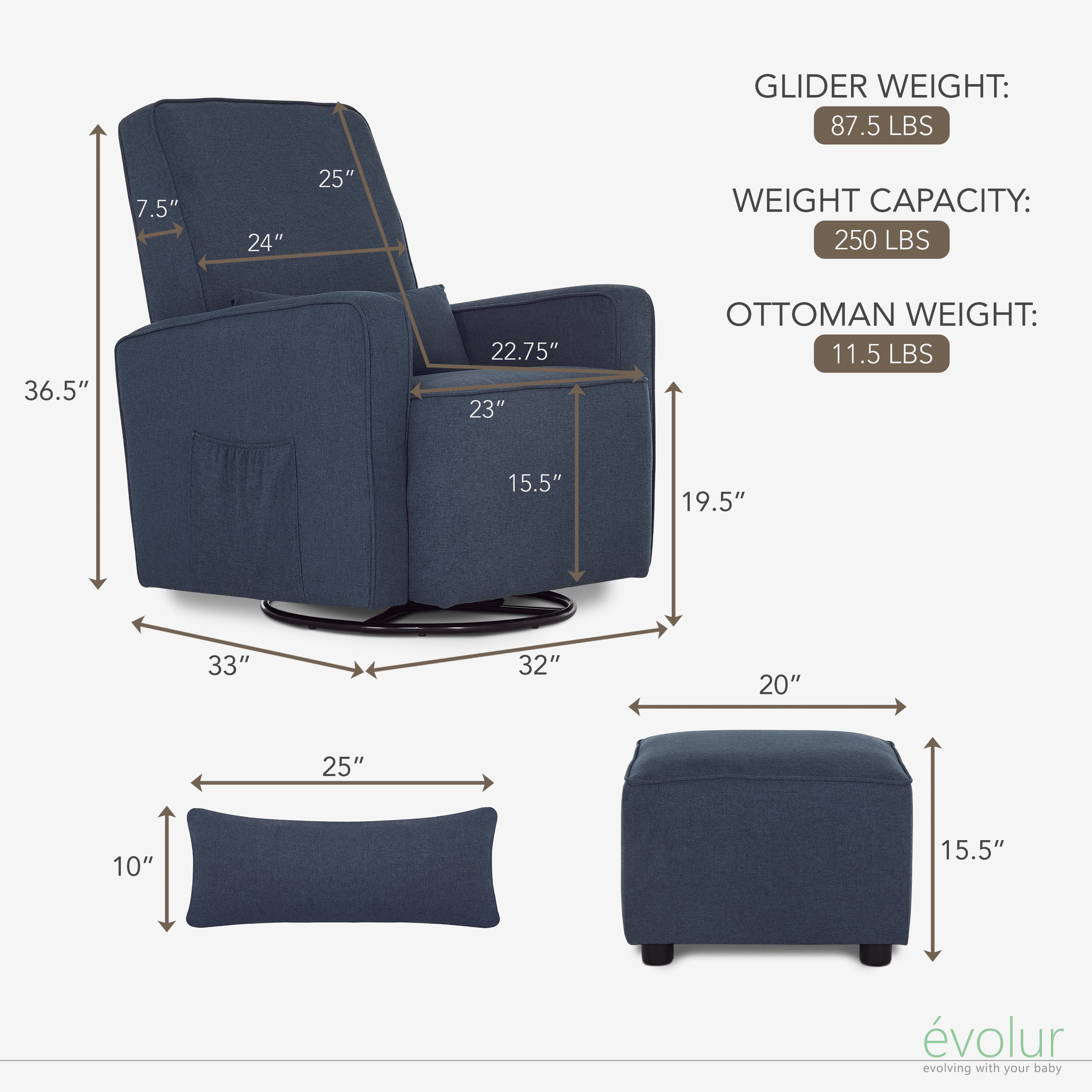 Evolur Holland Upholstered Swivel Glider | Rocker I Included Lumbar Pillow I Modern Design, Navy Blue