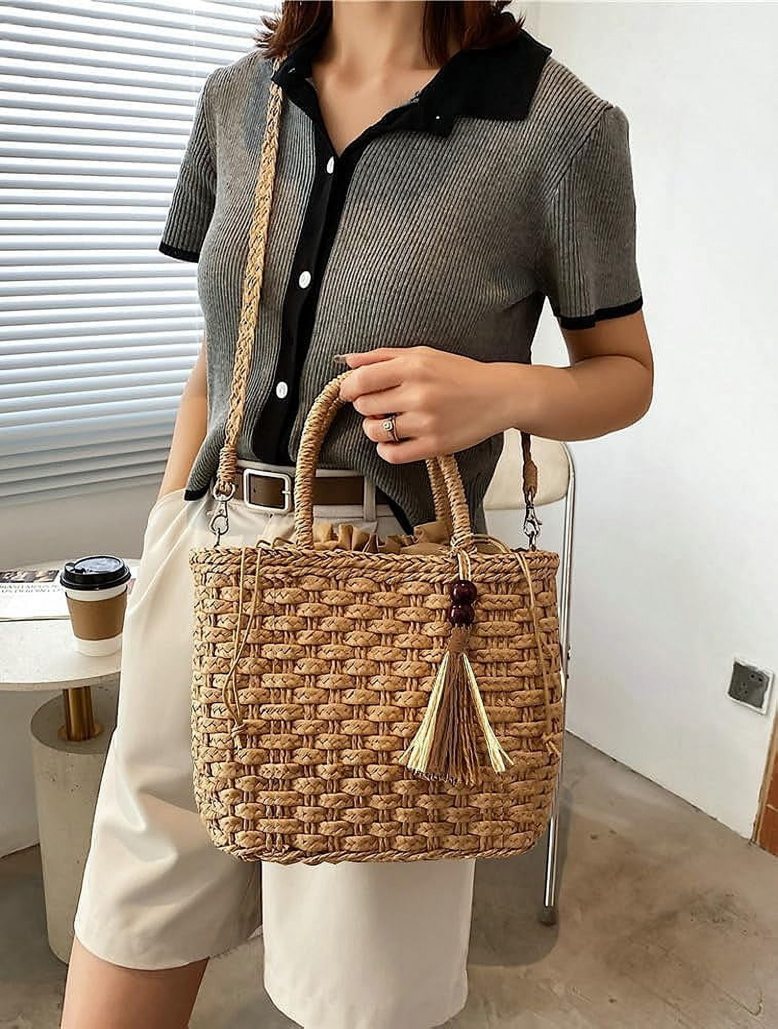 Kukuzhu Handwoven Straw Bag for Women Lightweight Shopping Tote Handbag Purse Boho Bag