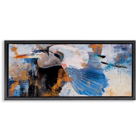 Stupell Industries Heron with Abstract Splatter Animals Painting Black Floater Framed Canvas Art Print Wall Art, 25 x 11
