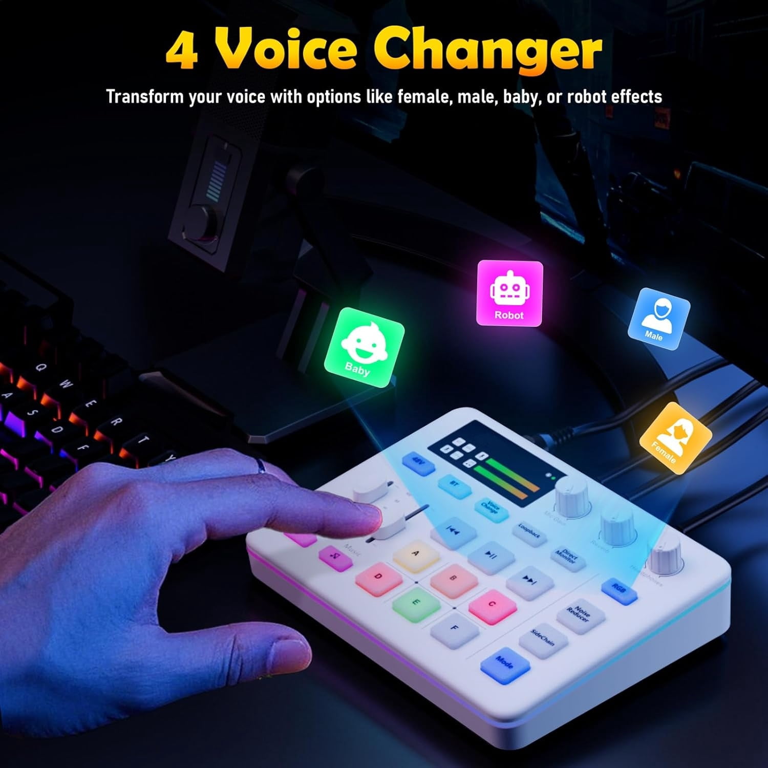 Audio Mixer, Live Sound Card, Voice Changer Kit with RGB Audio Interface,Pro-preamp, Bluetooth Streaming PC Mixer with XLR/48V Phantom Power for Live Streaming,Podcasting,Content Create,Gaming(White)